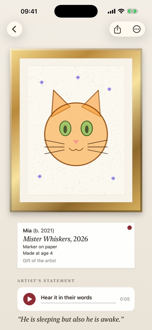 A framed drawing with its label and the artist’s recorded statement
